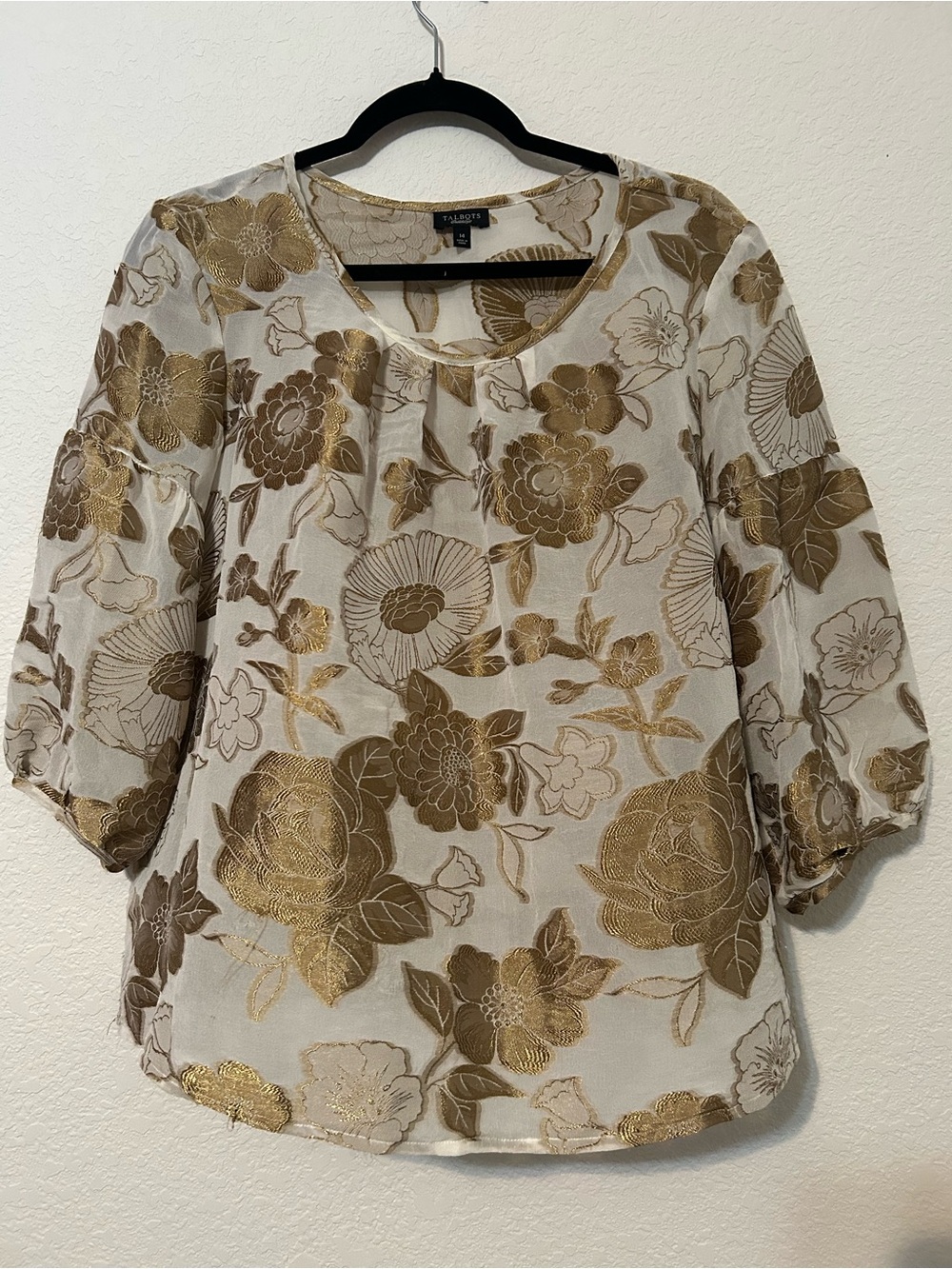 Talbots Cream & Gold Floral Scoop Neck top, Size 14